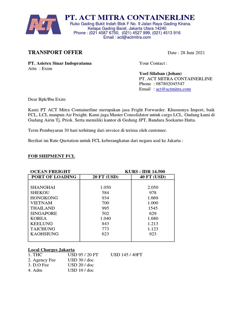 QUOTATION FCL PT. Asietex Sinar Indopratama | PDF