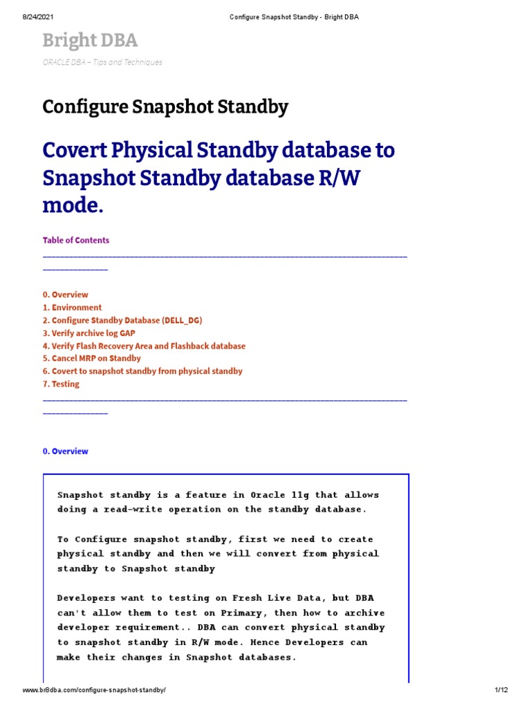Configure Snapshot Standby Bright DBA PDF Databases Computer