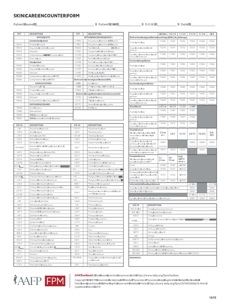 CPT Codes Skin Care Encounter Form fpm20130100p11rt1 PDF