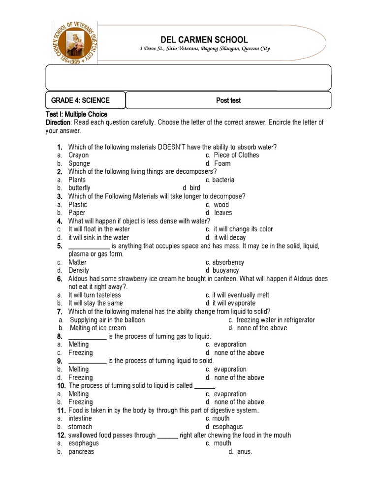 Grade 4 Science Post-Test Questions | PDF | Human Body | Soil