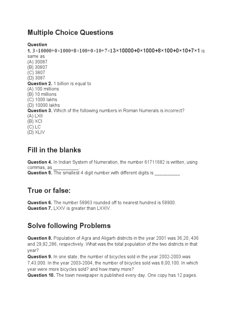 MCQs on Large Numbers and Systems | PDF | Notebook