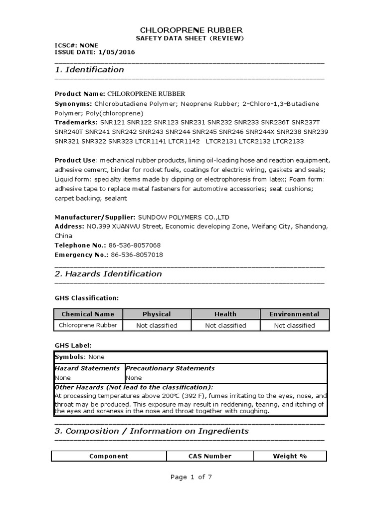 Chloroprene Rubber MSDS Sundow PDF Dangerous Goods Combustion