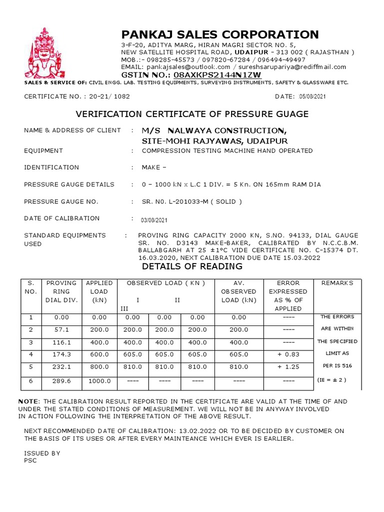 Verification Certificate of Pressure Gauge Calibration Report for Pressure Gauge Used in