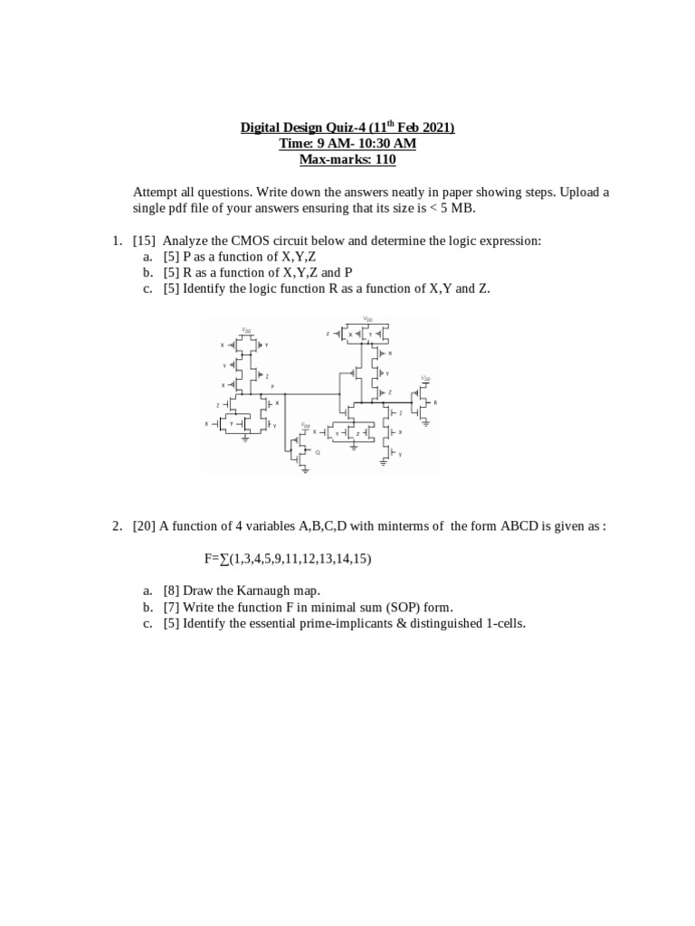 Digital Design Quiz4 (11 Feb 2021) Time 9 AM1030 AM MaxMarks 110