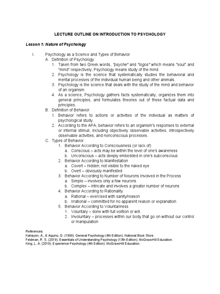 LECTURE OUTLINE ON INTRODUCTION TO PSYCHOLOGY Part A | PDF | Psychology ...