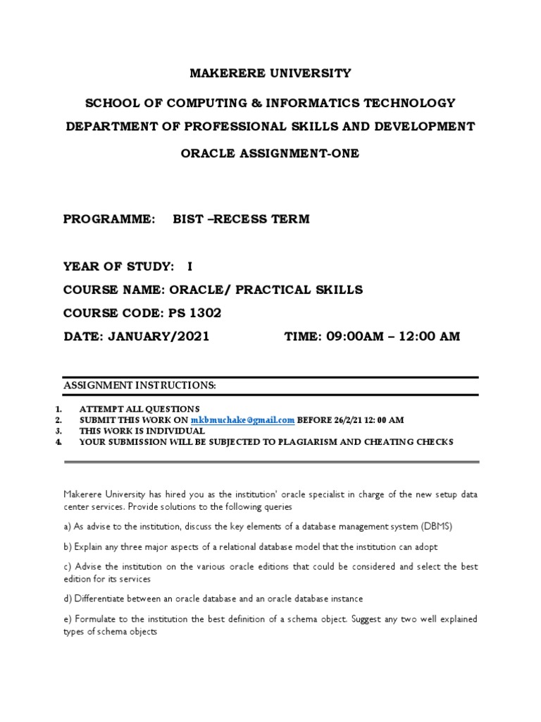 Oracle Database Management Assignment | PDF | Databases | Relational Model