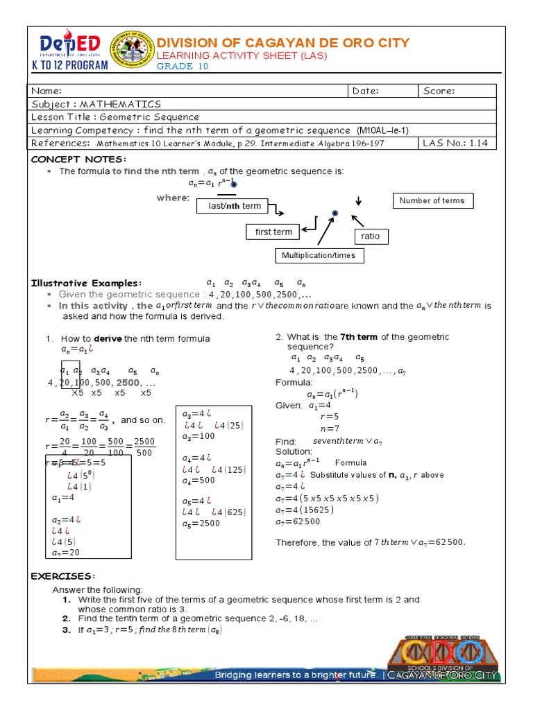 Geometric Sequences in Grade 10 Math | PDF | Formula | Sequence