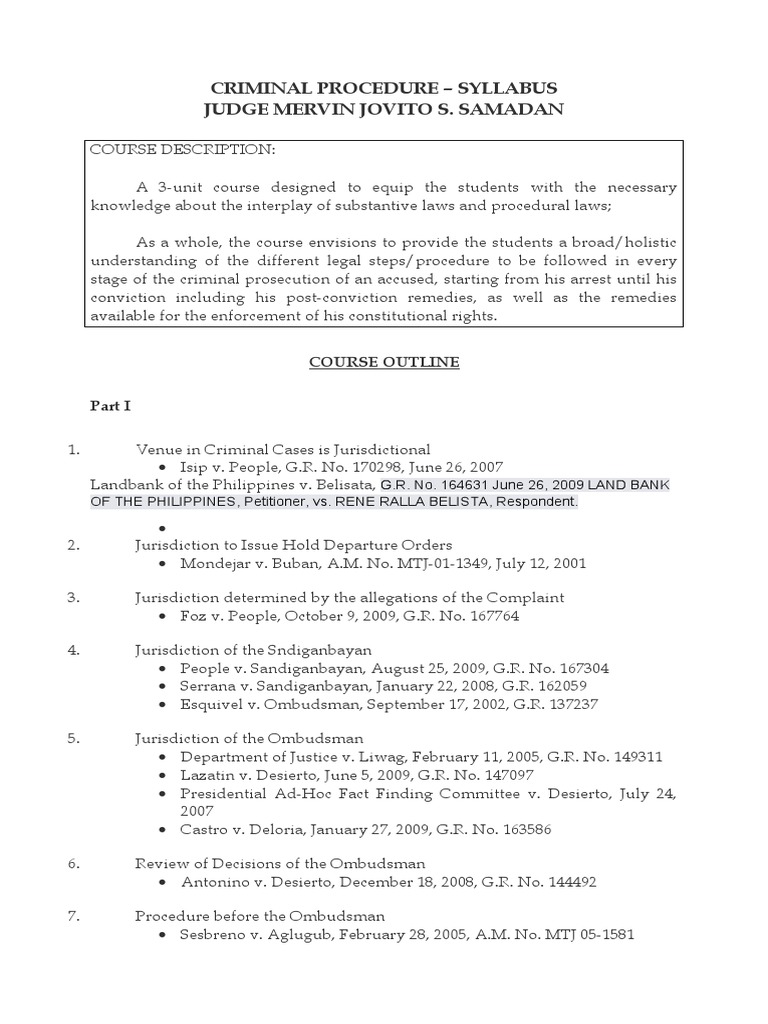 Criminal Procedure - Syllabus Judge Mervin Jovito S. Samadan | PDF ...