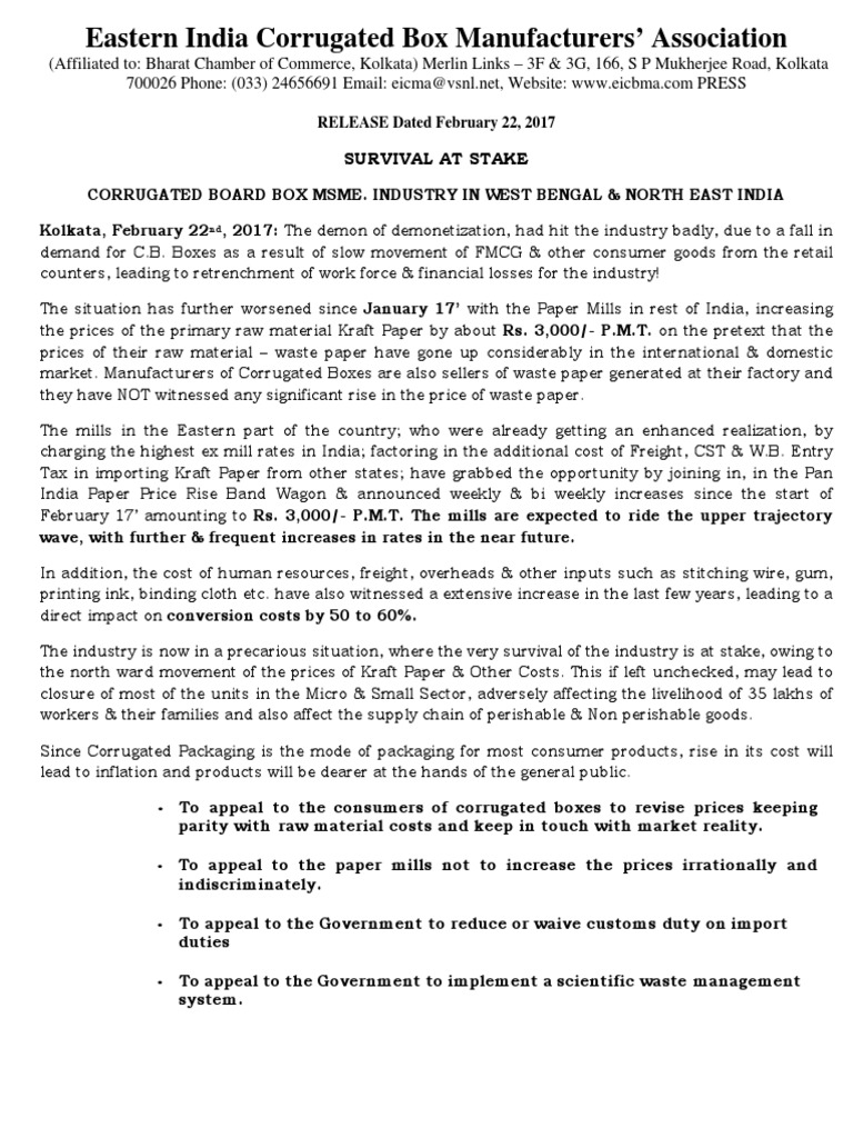 Eastern India Corrugated Box Manufacturers' Association PDF Kolkata