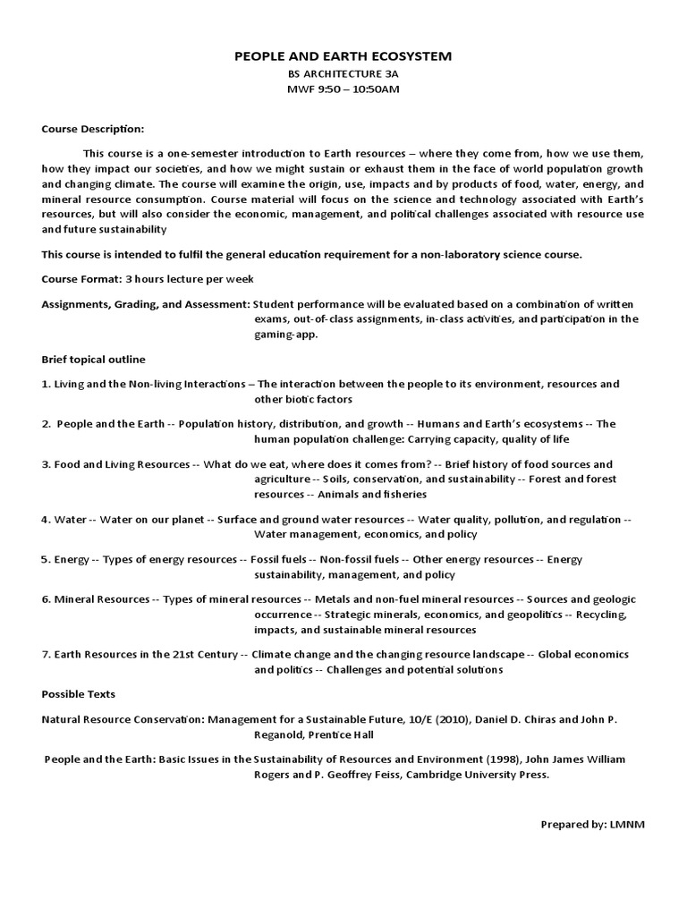 Syllabus People and Earth Ecosystem | PDF | Sustainability | Resource