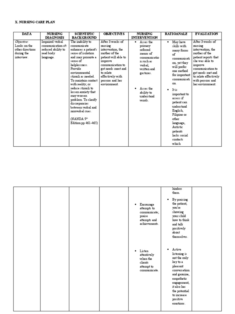X. Nursing Care Plan: Objective | PDF | Communication | Autism