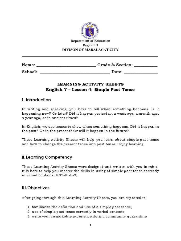 Simple Past Tense Learning Activity | PDF | Grammatical Tense ...