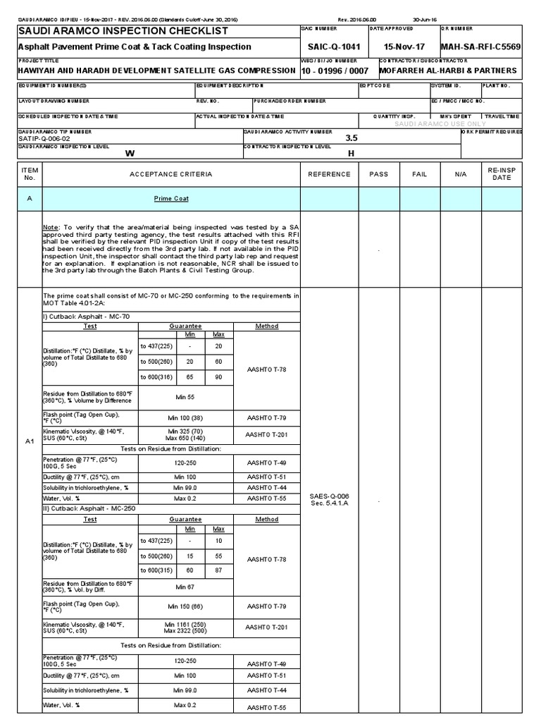 SAIC-Q-1041 Asphalt Pavement Prime Coat & Tack Coating Inspection | PDF ...