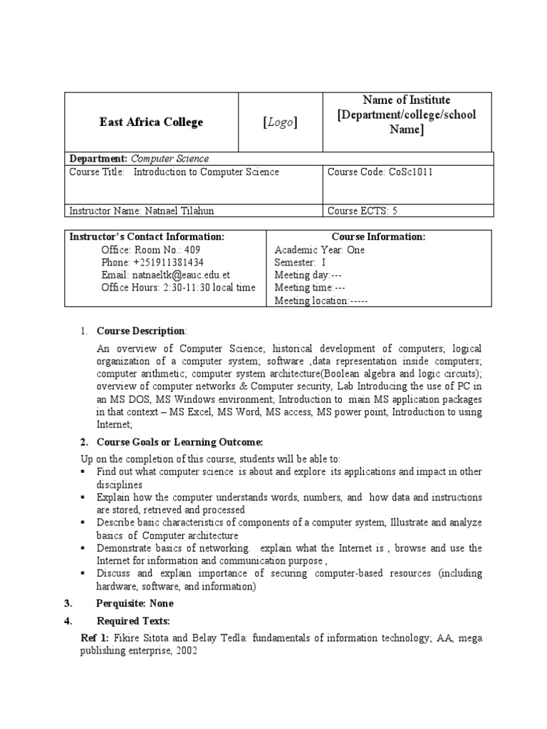 Introduction To Computer Science Course Outline | PDF | Computer Data ...