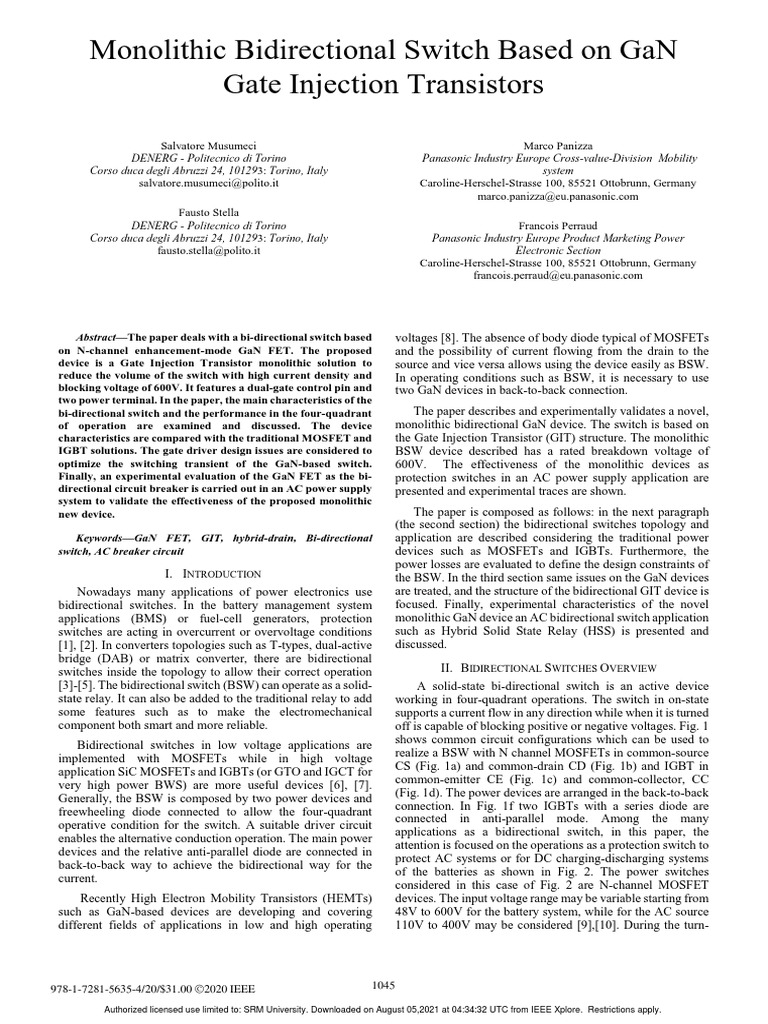 Monolithic Bidirectional Switch Based On GaN Gate Injection Transistors ...