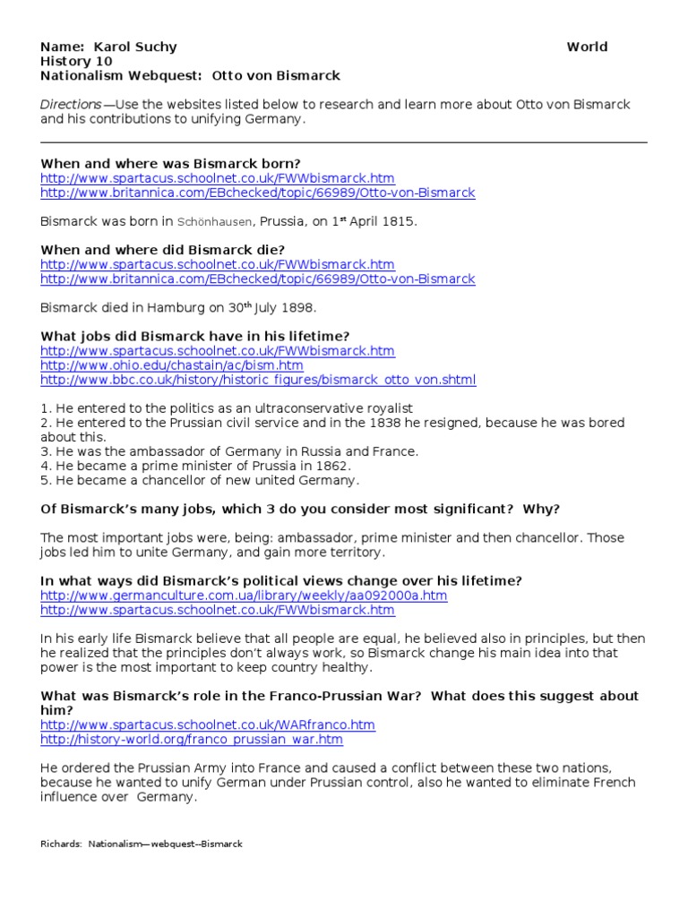 Otto von Bismarck Webquest Guide | PDF | Otto Von Bismarck | Kingdom Of ...
