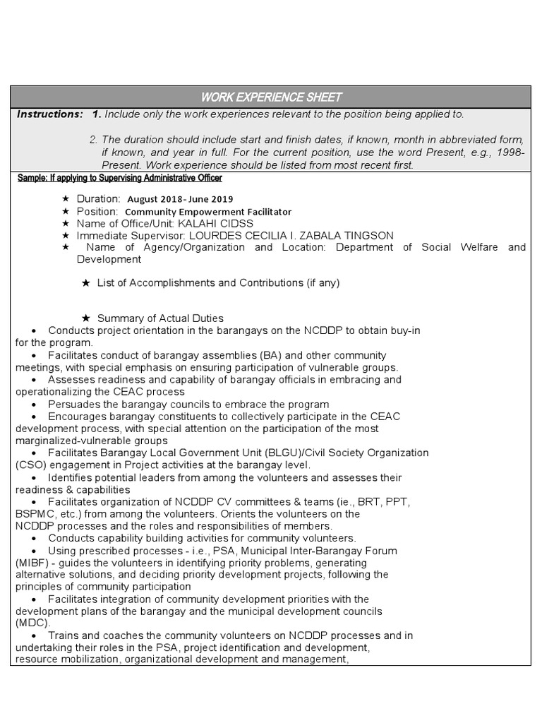 CS Form No. 212 Attachment - Work Experience Sheet | PDF | Policy ...