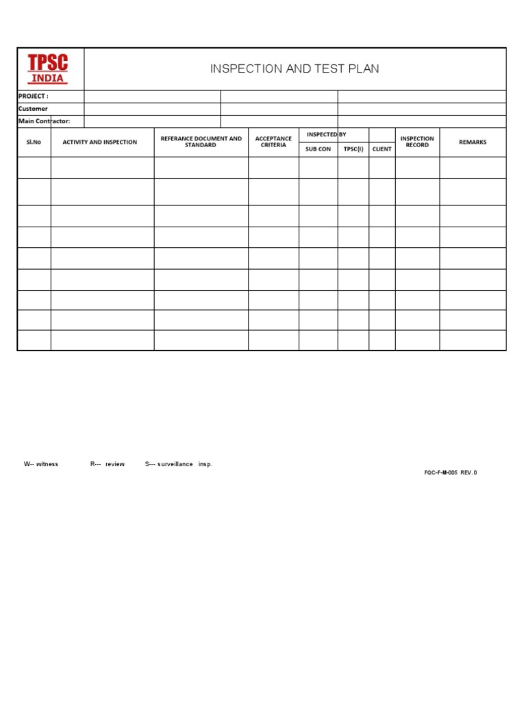 Inspection and Test Plan: Project: Customer Main Contractor | PDF ...