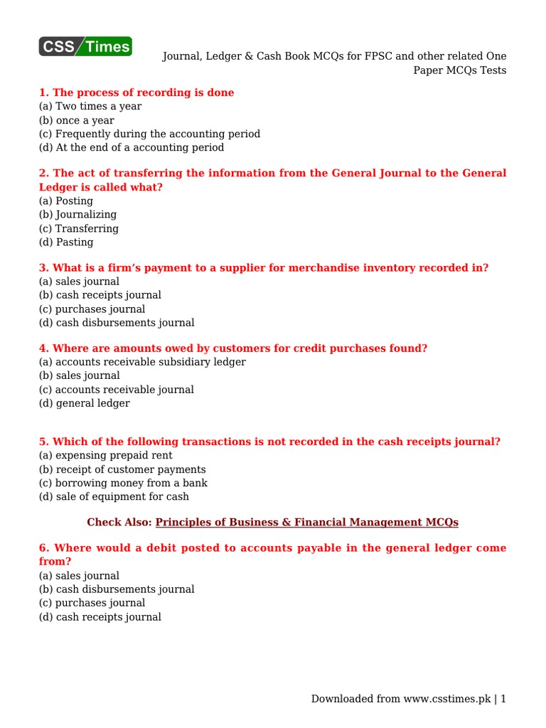 Journal, Ledger & Cash Book MCQs | PDF | Bookkeeping | Debits And Credits
