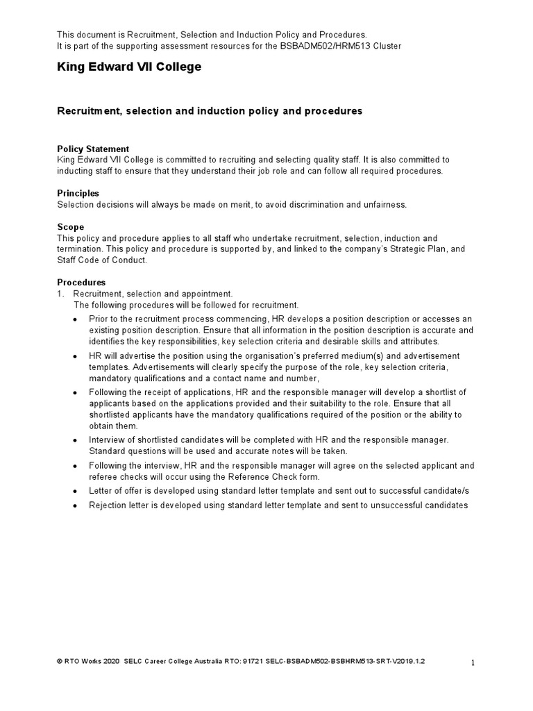 Recruitment, Selection and Induction Policy and Procedures | PDF ...