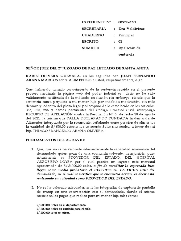 APELACION DE SENTENCIA de Alimentos Por Eposa PDF Pensión