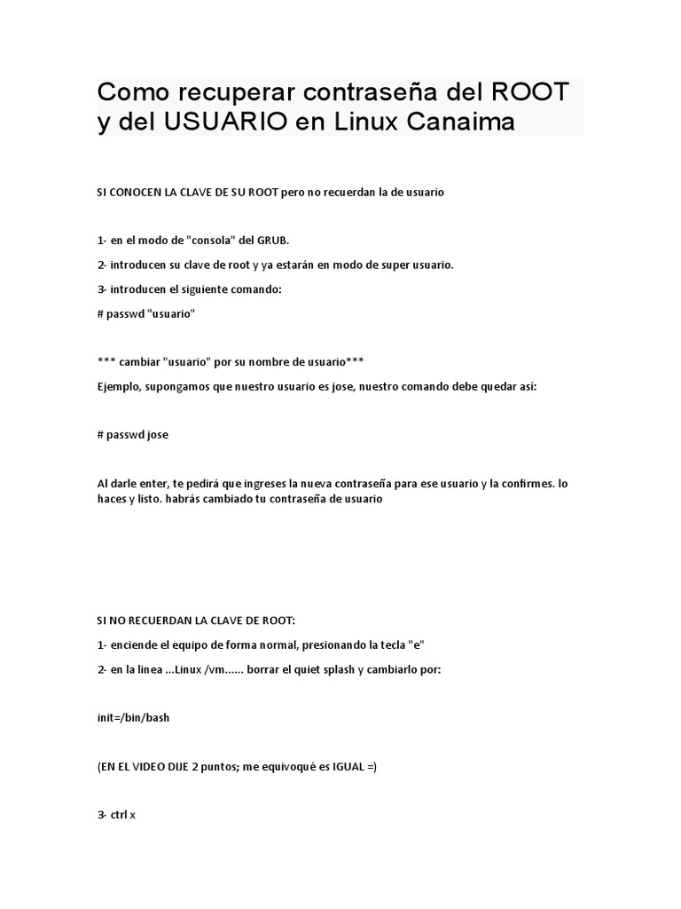 Como Recuperar Contraseña Del ROOT y Del USUARIO en Linux Canaima | PDF