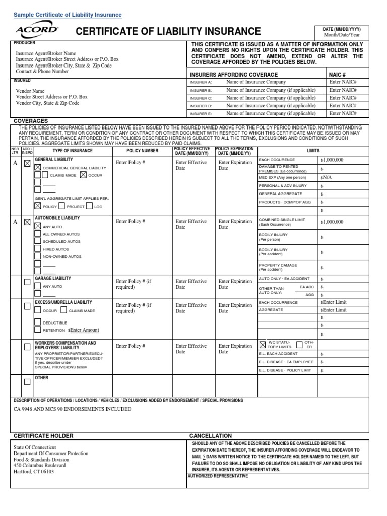 Sample Liability Insurance Certificate | PDF | Insurance | Liability ...