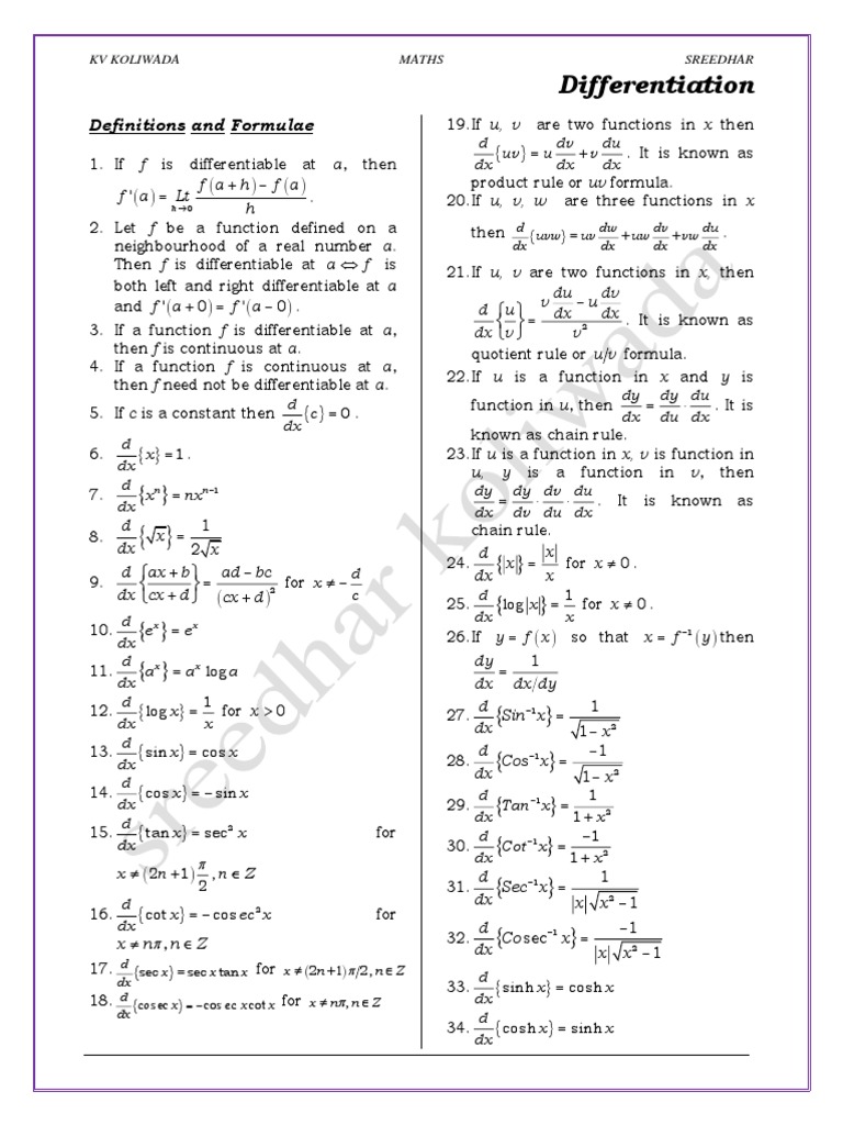 Calculus Formulas for Students | PDF | Derivative | Elementary Mathematics