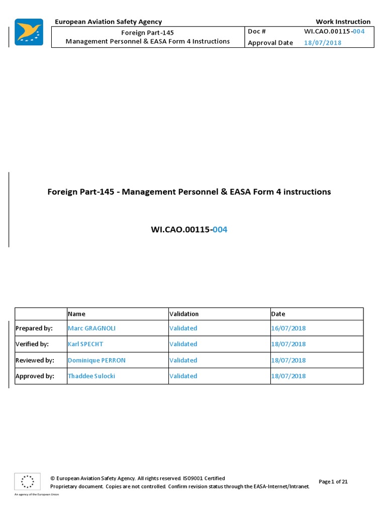 Foreign Part145 Management Personnel & EASA Form 4 Instructions PDF Aeronautics Transport