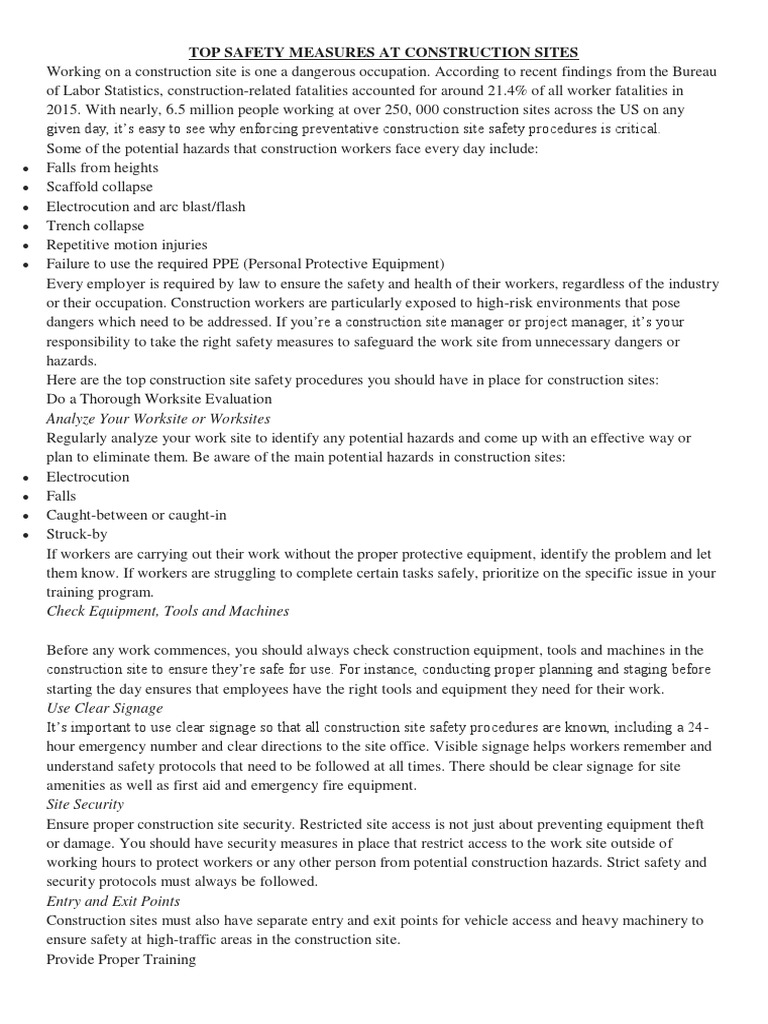 Top Safety Measures for Construction Sites | PDF | Personal Protective ...