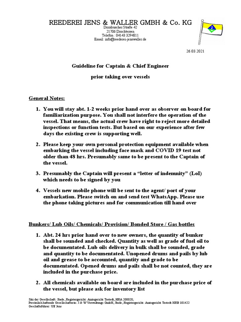 Captain & Chief Engineer Vessel Handover Guide | PDF | Fuel Oil | Ships