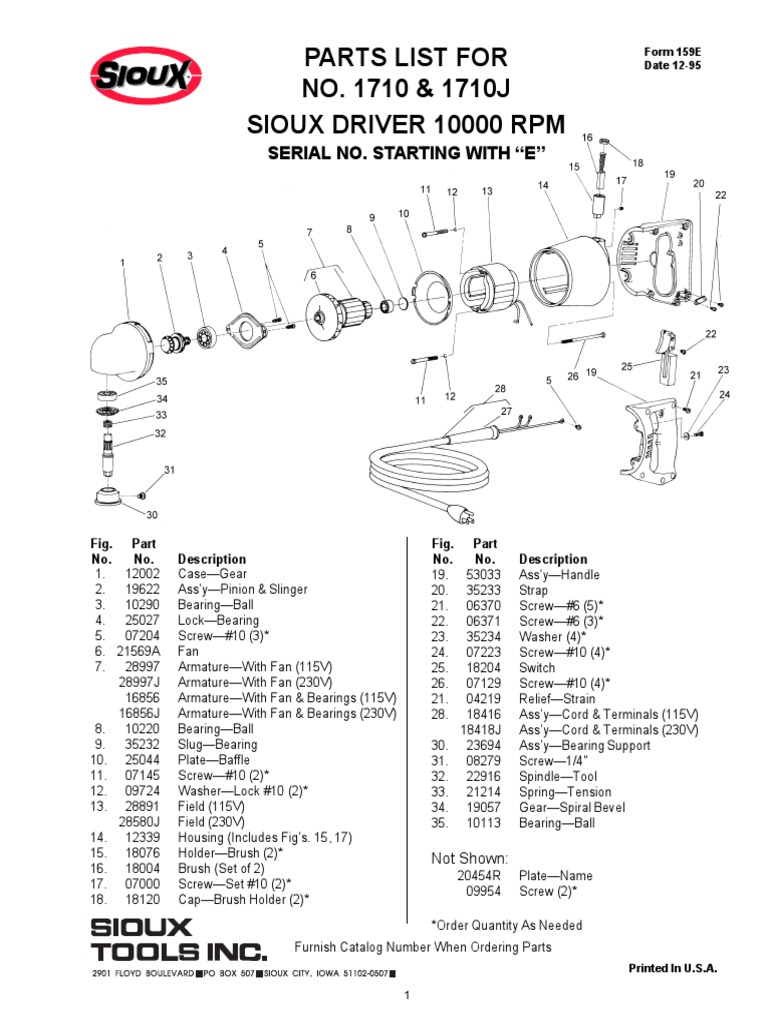 Parts List For NO. 1710 & 1710J Sioux Driver 10000 RPM: Serial No ...