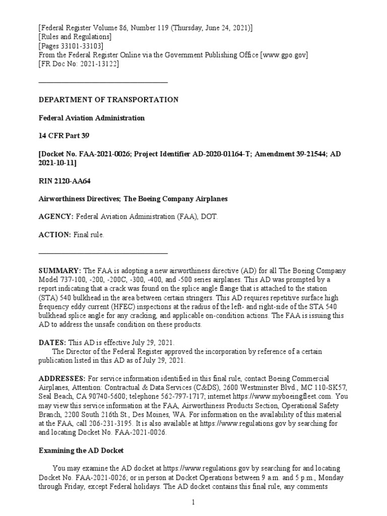 Boeing 737 Airworthiness Directive AD 2021-10-11 | PDF | Federal ...