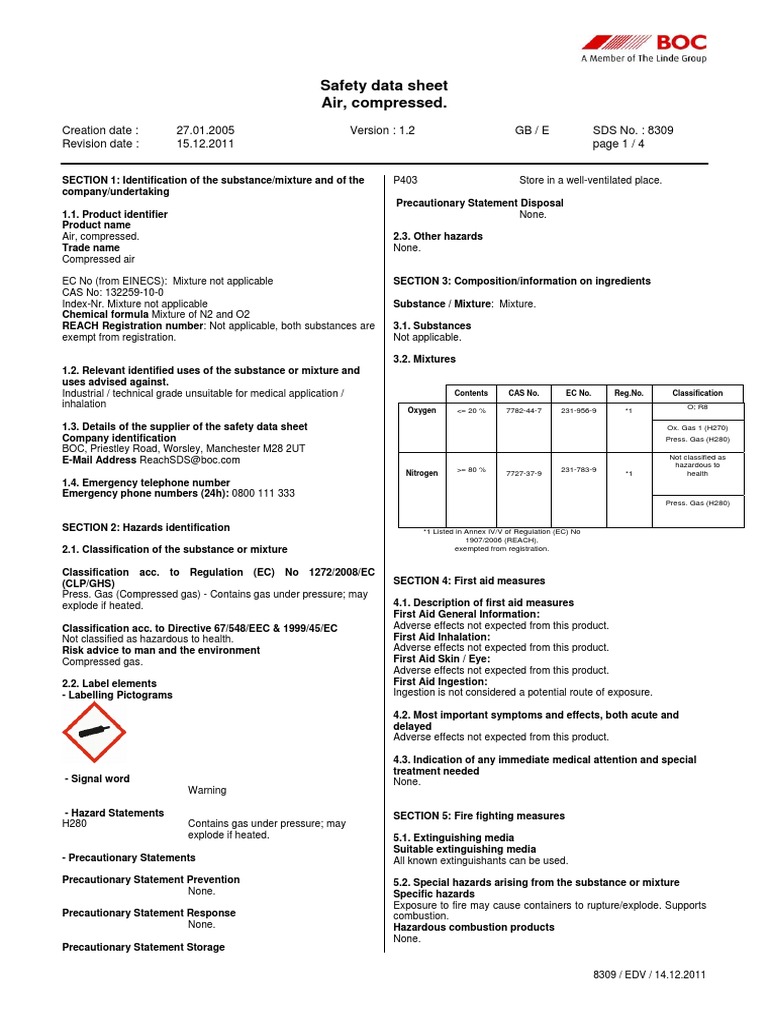 Compressed AIR Safety Data Sheet Download Free PDF Personal Protective Equipment Firefighting