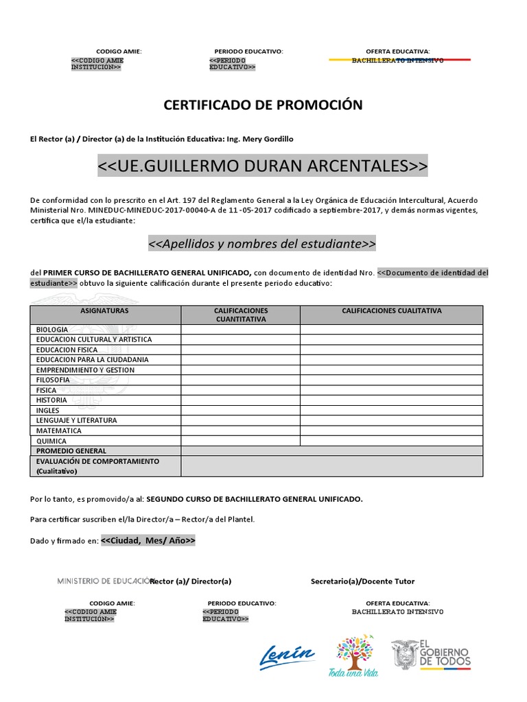 FORMATO CERTIFICADO DE BACHILLERATO 1ro-2do-3ro EGB | PDF