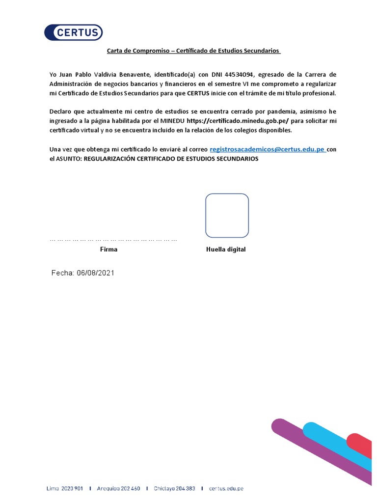 Carta de Compromiso Certificado de Estudios Secundarios | PDF