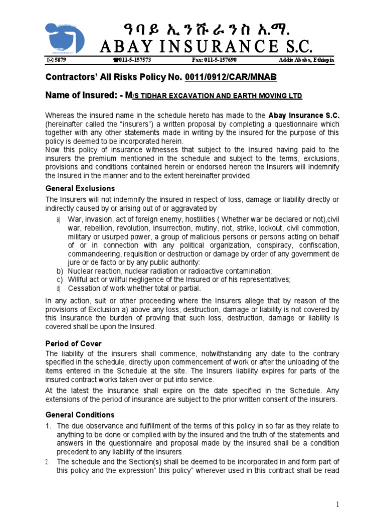 Contractors' All Risks Insurance Policy | PDF | Indemnity | Insurance