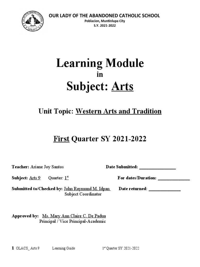 1ST Grade 9 Arts Learning Guide and Module PDF Learning Rubric (Academic)