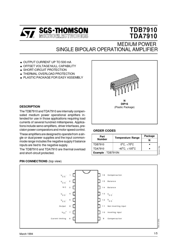 High Power Operational Amplifiers for Demanding Applications Introducing the TDB7910 and