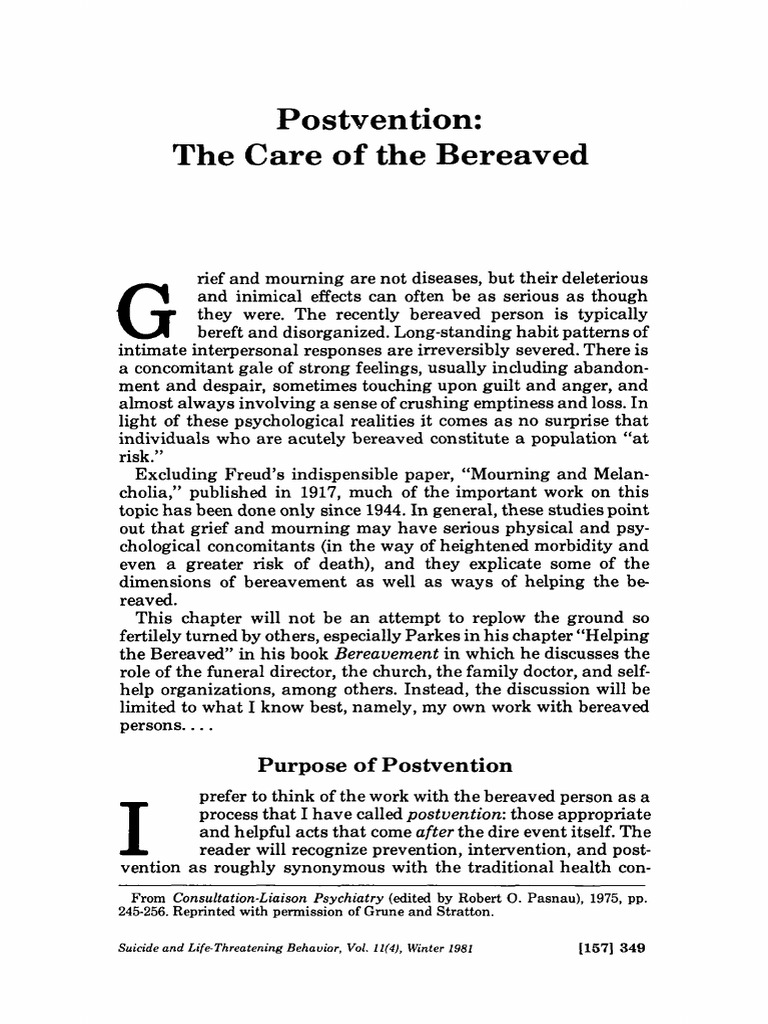 Postvention: Supporting the Bereaved | PDF | Grief | Unconscious Mind