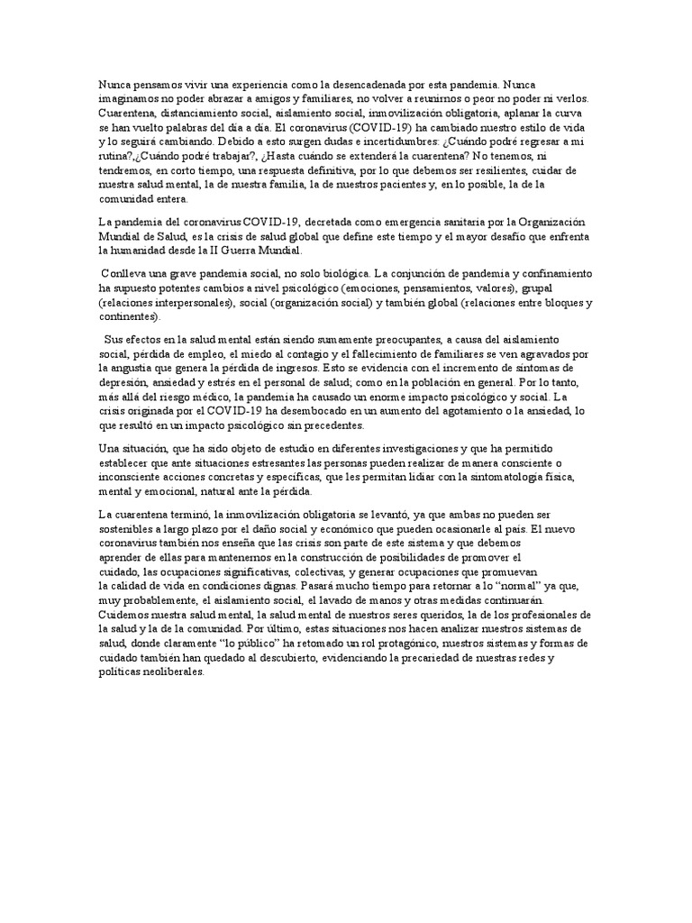 Salud Mental en Tiempos de Pandemia. | PDF | Salud mental | Estrés ...