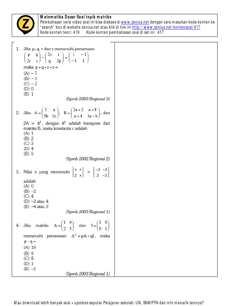 Zenius Module SNMPTN: Soal Teori Matdas Matriks | PDF | Karier ...