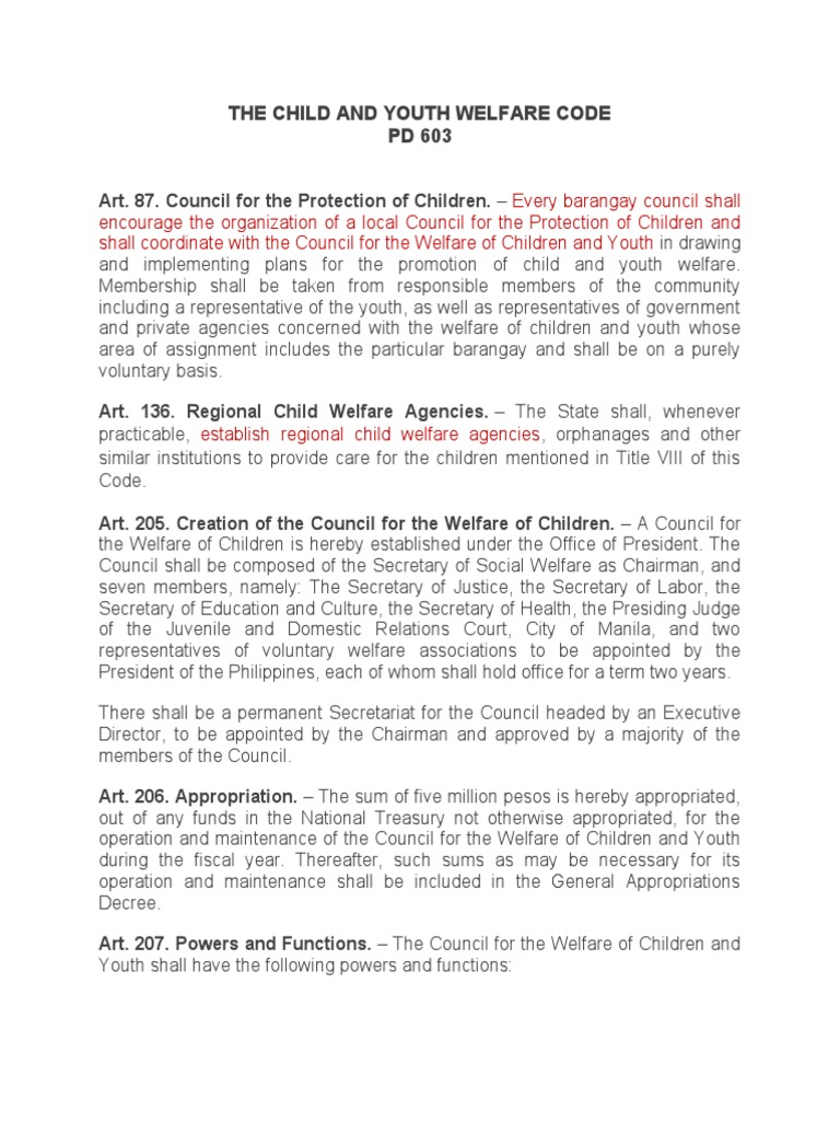 The Child and Youth Welfare Code PD 603 PDF Child Protection Welfare