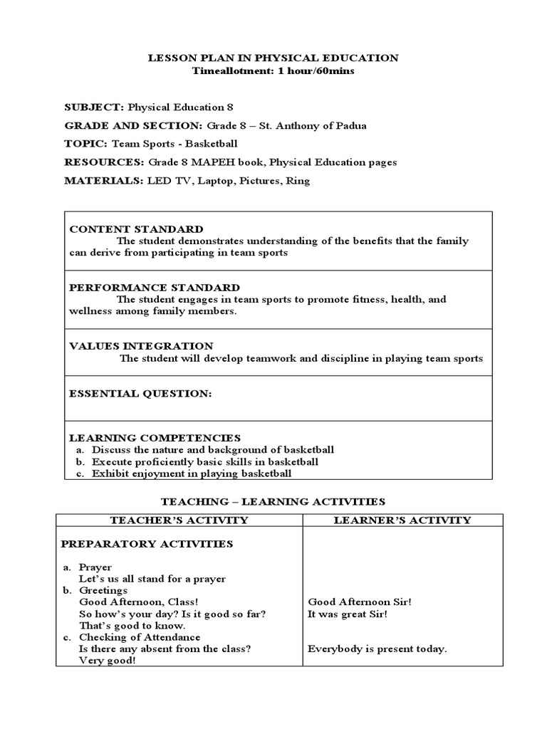 Lesson Plan in Physical Education Final Demo | PDF | Physical Education ...