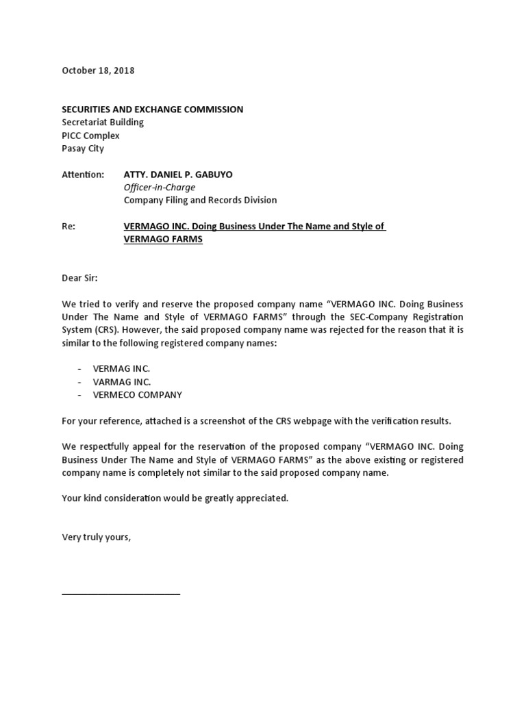 Appeal for Name Reservation: Vermago Inc. | PDF