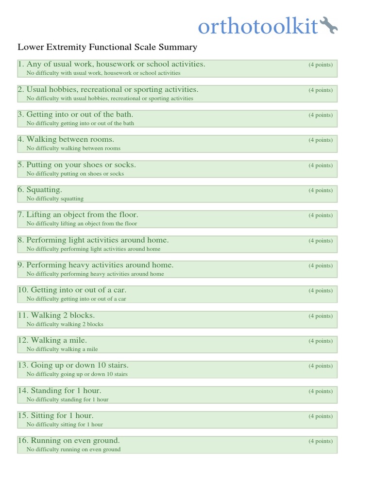 Lower Extremity Functional Scale Summary | PDF | Health Care | Health ...