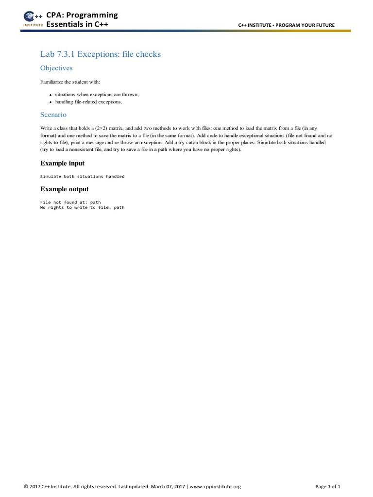 CPA: Programming Essentials in C++: Lab 7.3.1 Exceptions: File Checks ...