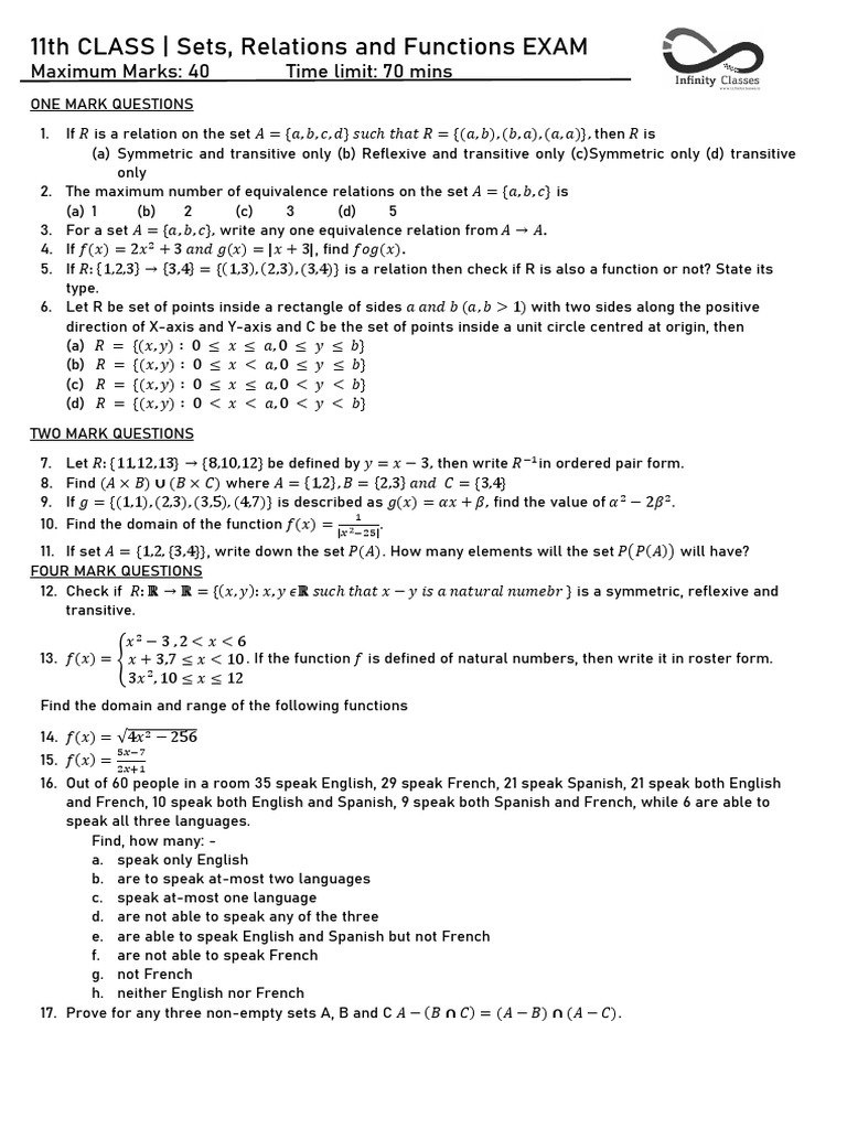 Class 11 Relations Functions and Sets Assignment | PDF | Function ...