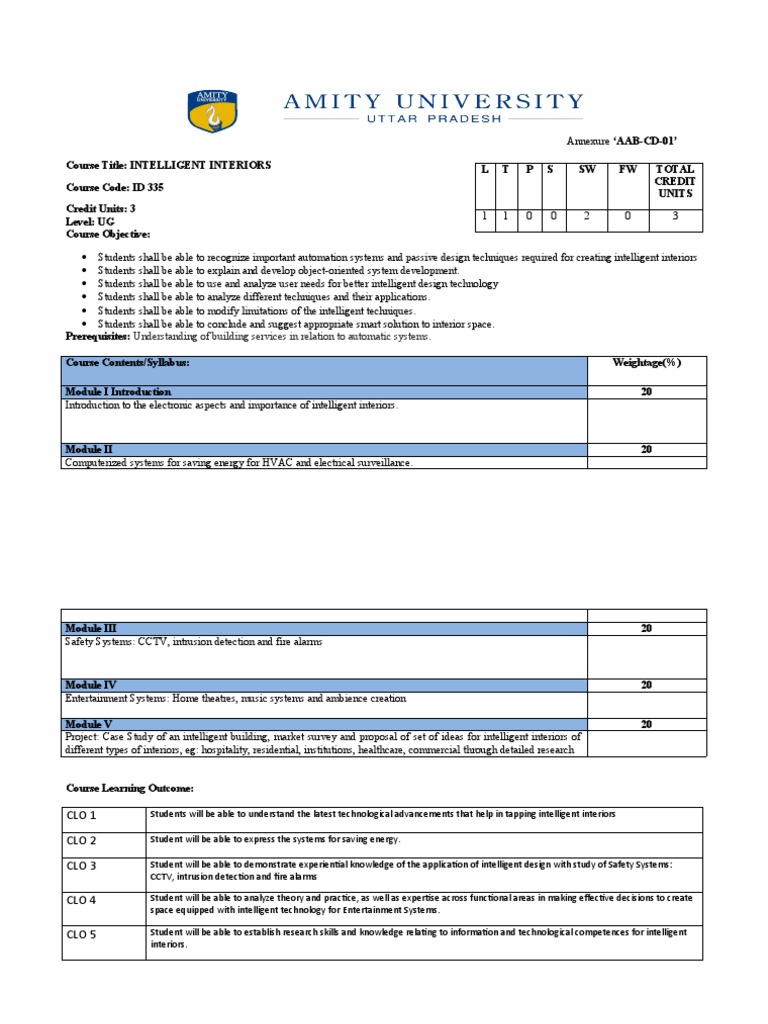 Course Title: Intelligent Interiors Course Code: ID 335 Credit Units: 3 ...