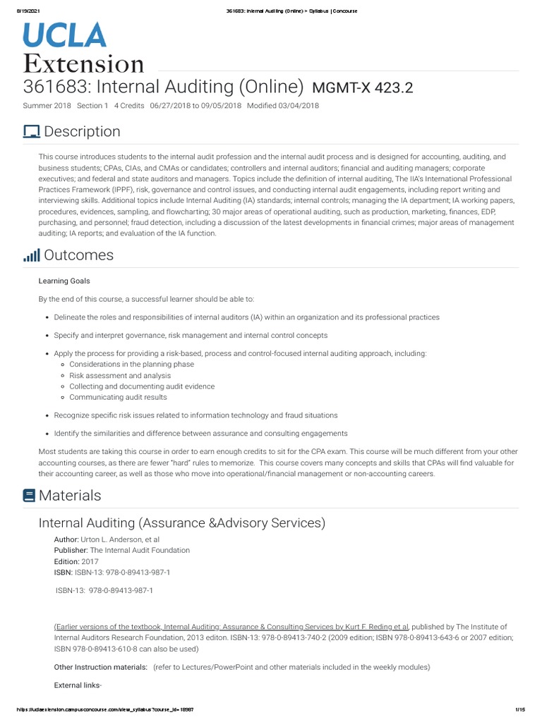Internal Auditing (Online) - Syllabus - Concourse | PDF | Internal ...